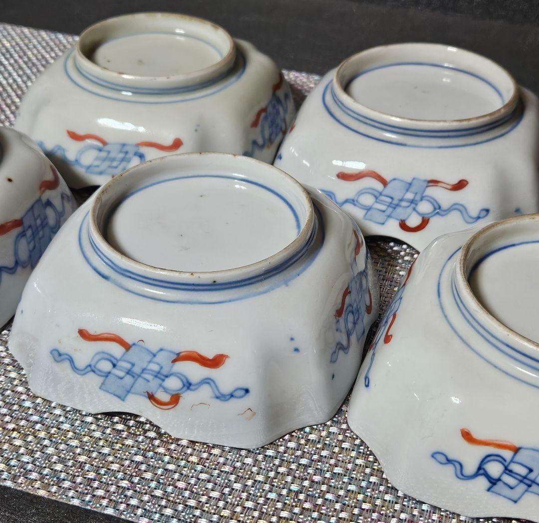 【上作古伊万里❗】江戸末期～明治初期　古伊万里錦手　紫陽花図　四方隅切角鉢　5客