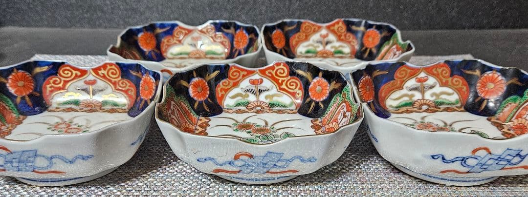 【上作古伊万里❗】江戸末期～明治初期　古伊万里錦手　紫陽花図　四方隅切角鉢　5客