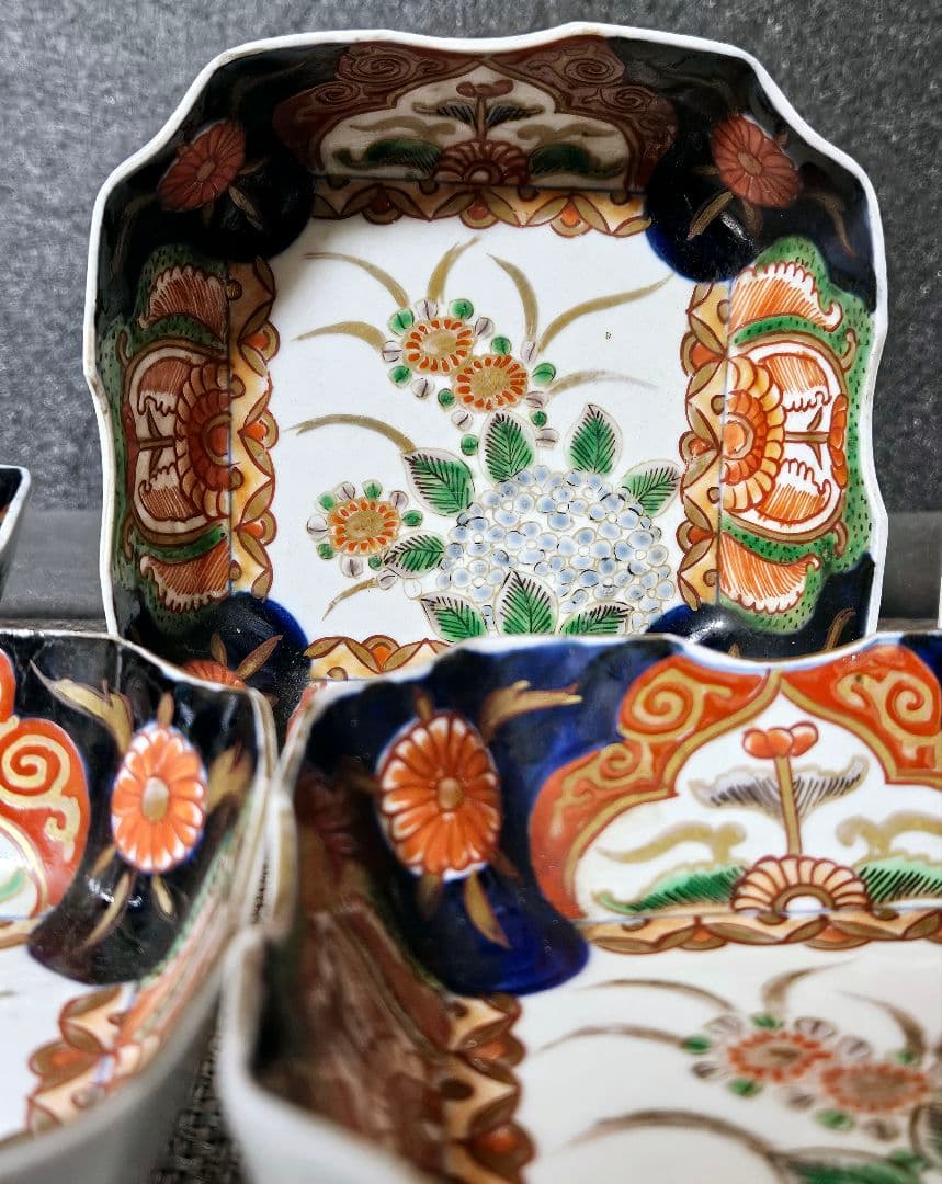 【上作古伊万里❗】江戸末期～明治初期　古伊万里錦手　紫陽花図　四方隅切角鉢　5客