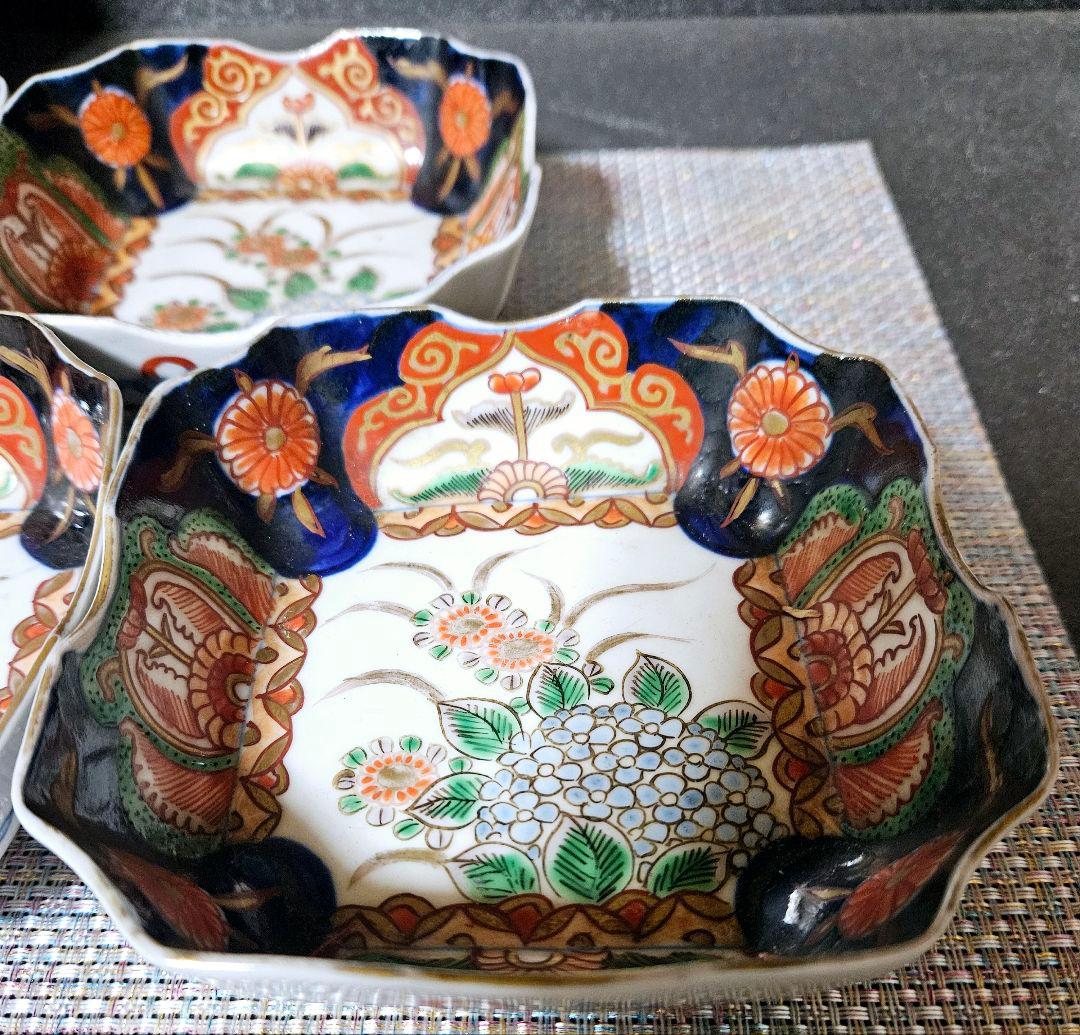 【上作古伊万里❗】江戸末期～明治初期　古伊万里錦手　紫陽花図　四方隅切角鉢　5客