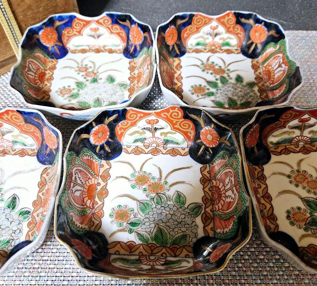 【上作古伊万里❗】江戸末期～明治初期　古伊万里錦手　紫陽花図　四方隅切角鉢　5客