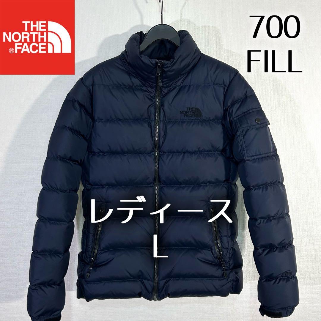 美品希少 ノースフェイス ダウンジャケット レディースL ネイビー ロゴ刺繍