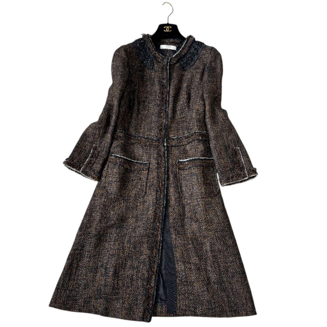 美品 PRADA ツイード ロングコート ビジュー ノーカラー ブラックビーズ