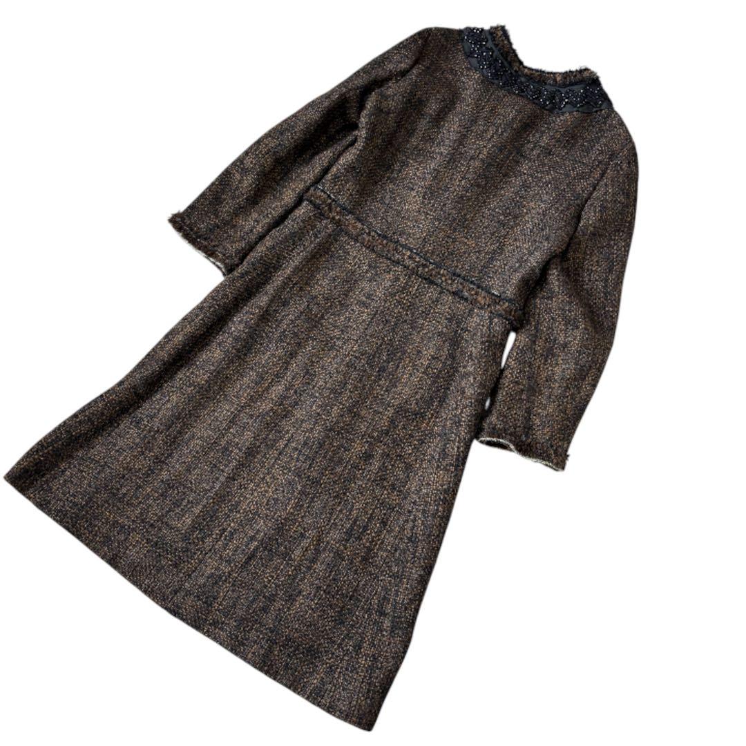 美品 PRADA ツイード ロングコート ビジュー ノーカラー ブラックビーズ