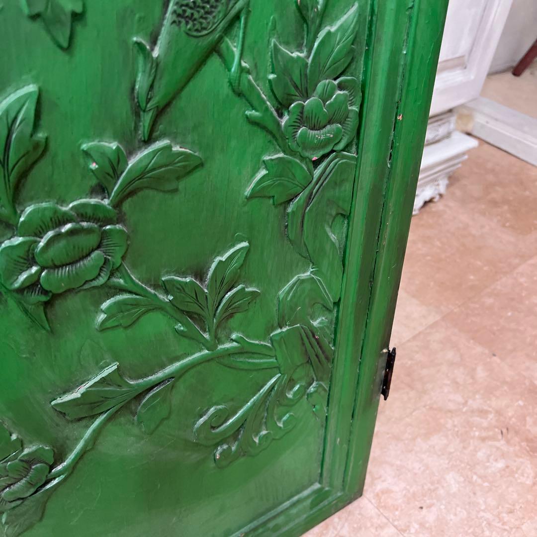 緑色の彫刻木製扉 2枚セット＊中国？