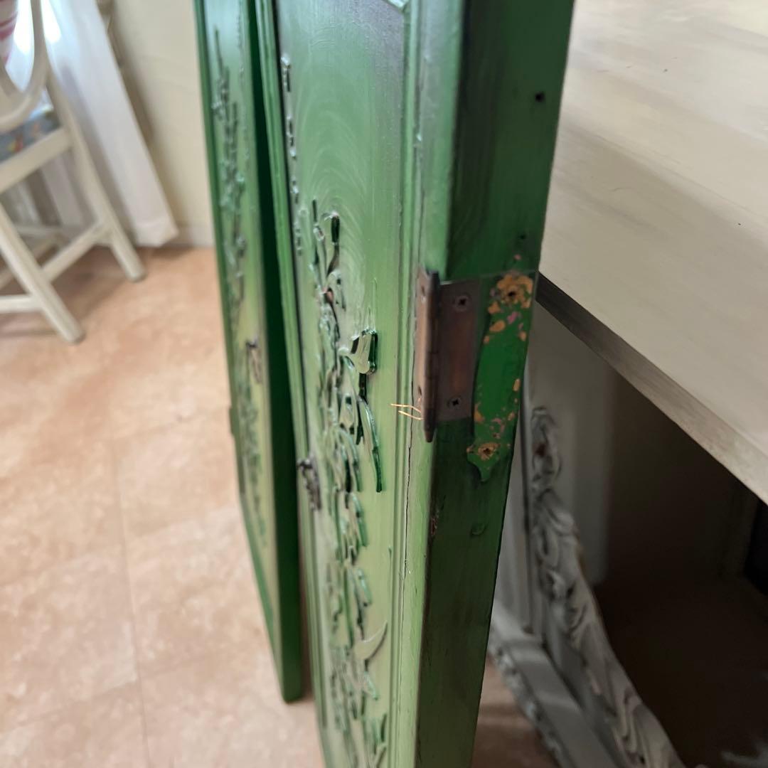 緑色の彫刻木製扉 2枚セット＊中国？
