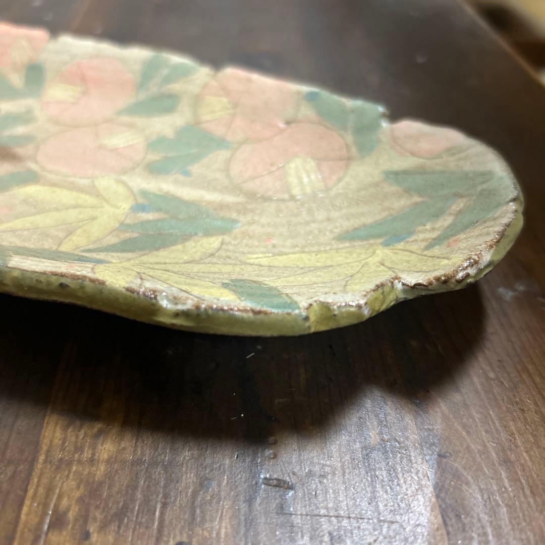 作家　陶芸作家　草花模様　オーバル皿　超長皿　変形皿　椿　1点もの