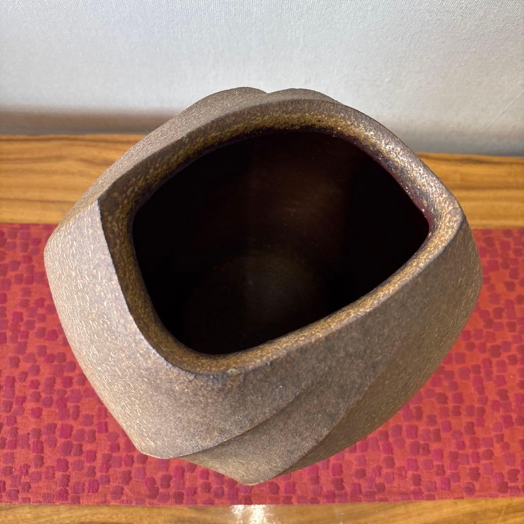 山下譲治 備前扁壷 綾線文扇壺 共箱共布栞 高さ約38ｃｍ 師(人間国宝伊勢崎淳