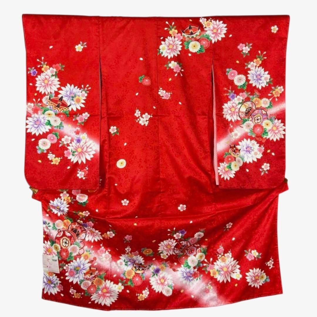 新品 四つ身 着物 15 赤 ポリエステル 七五三 長襦袢付き こども