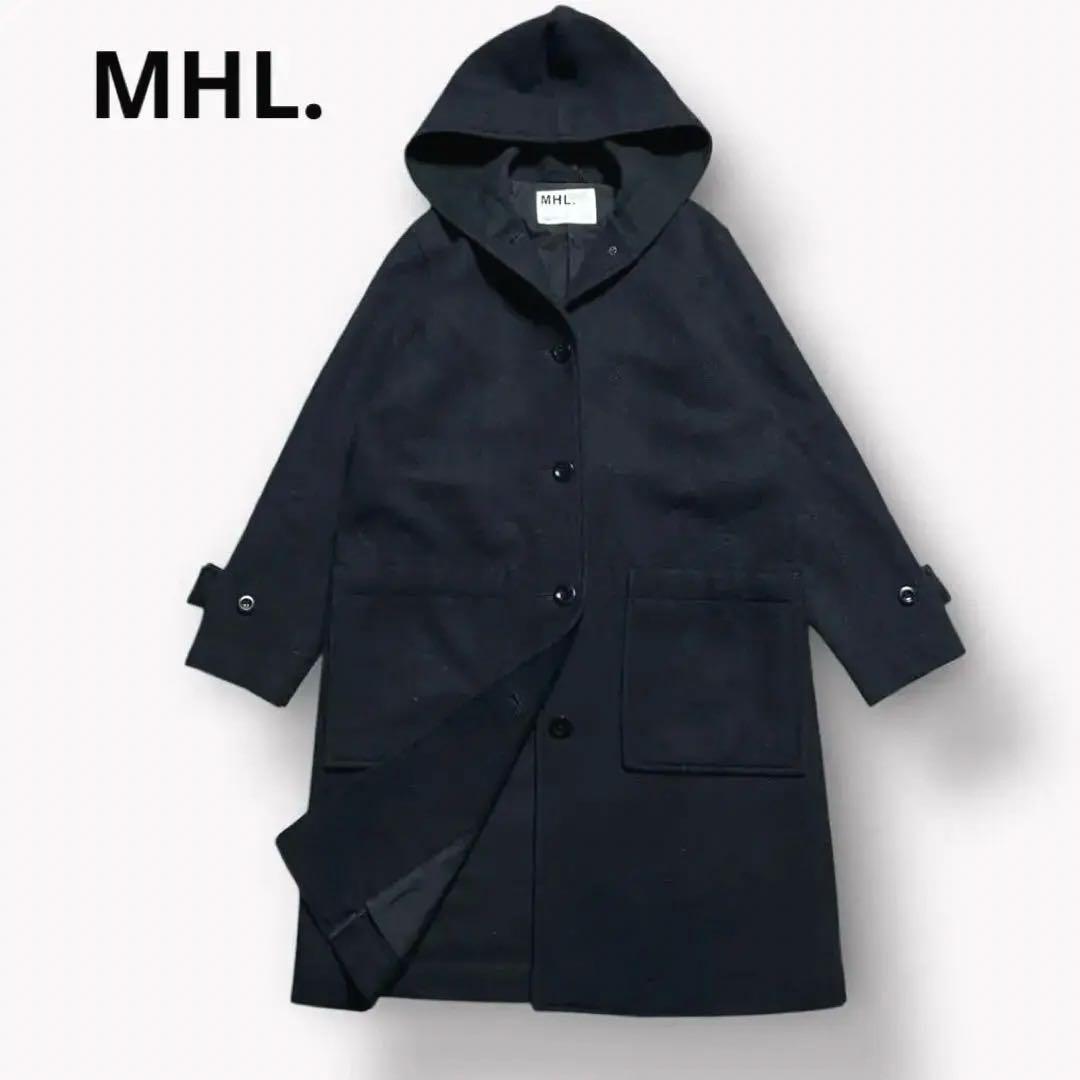 MHL.ウールフーデッドコート ロング ネイビー エムエイチエル