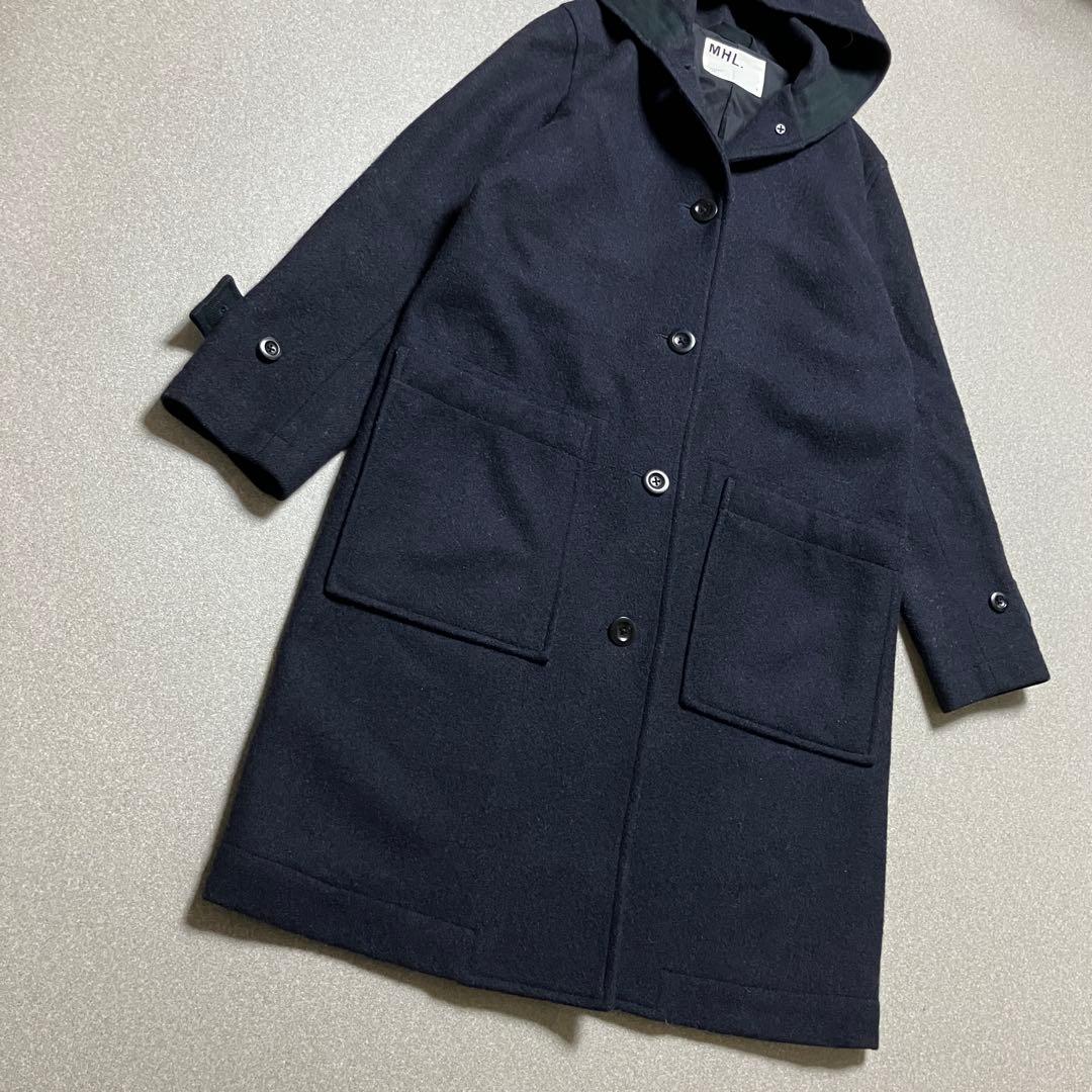 MHL.ウールフーデッドコート ロング ネイビー エムエイチエル