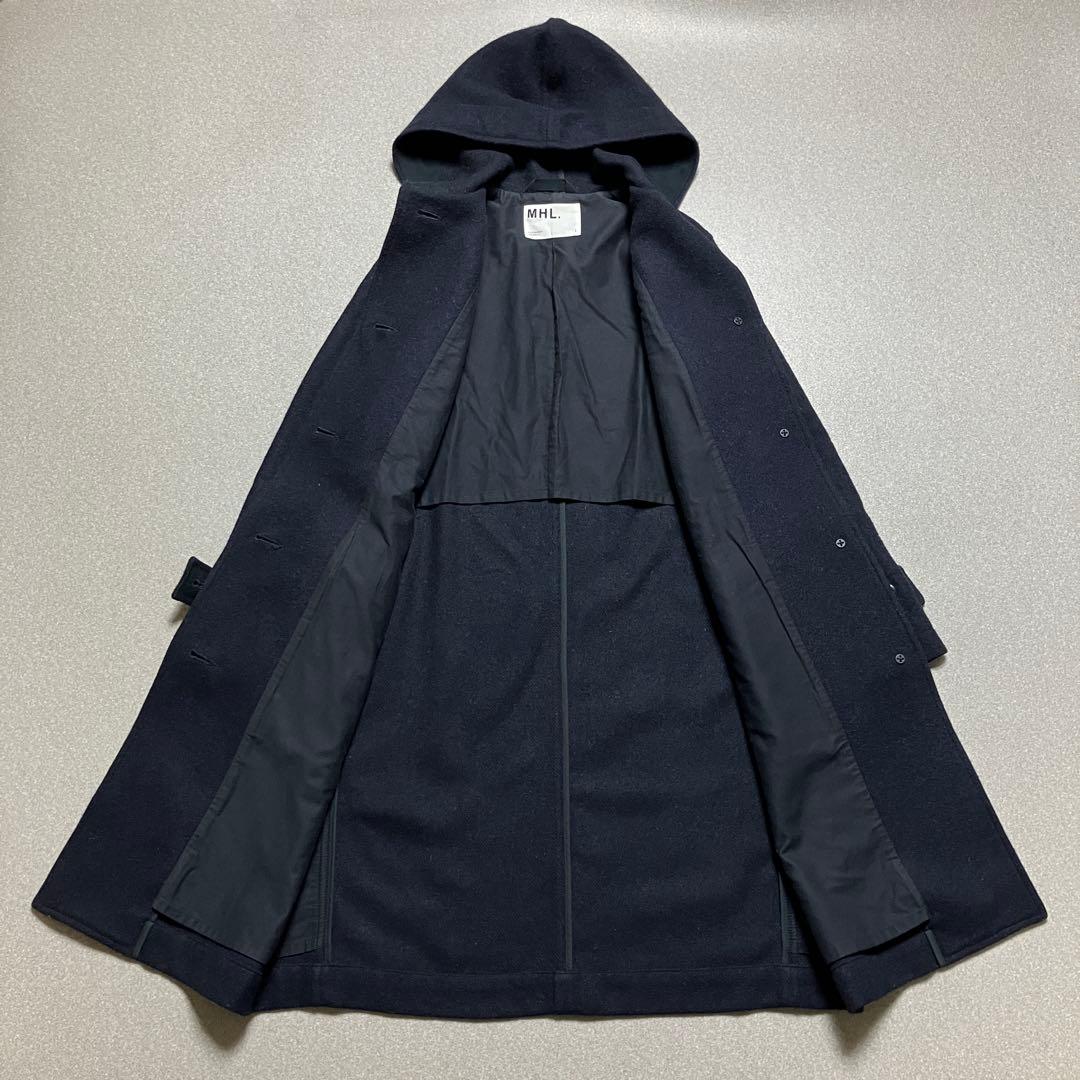MHL.ウールフーデッドコート ロング ネイビー エムエイチエル