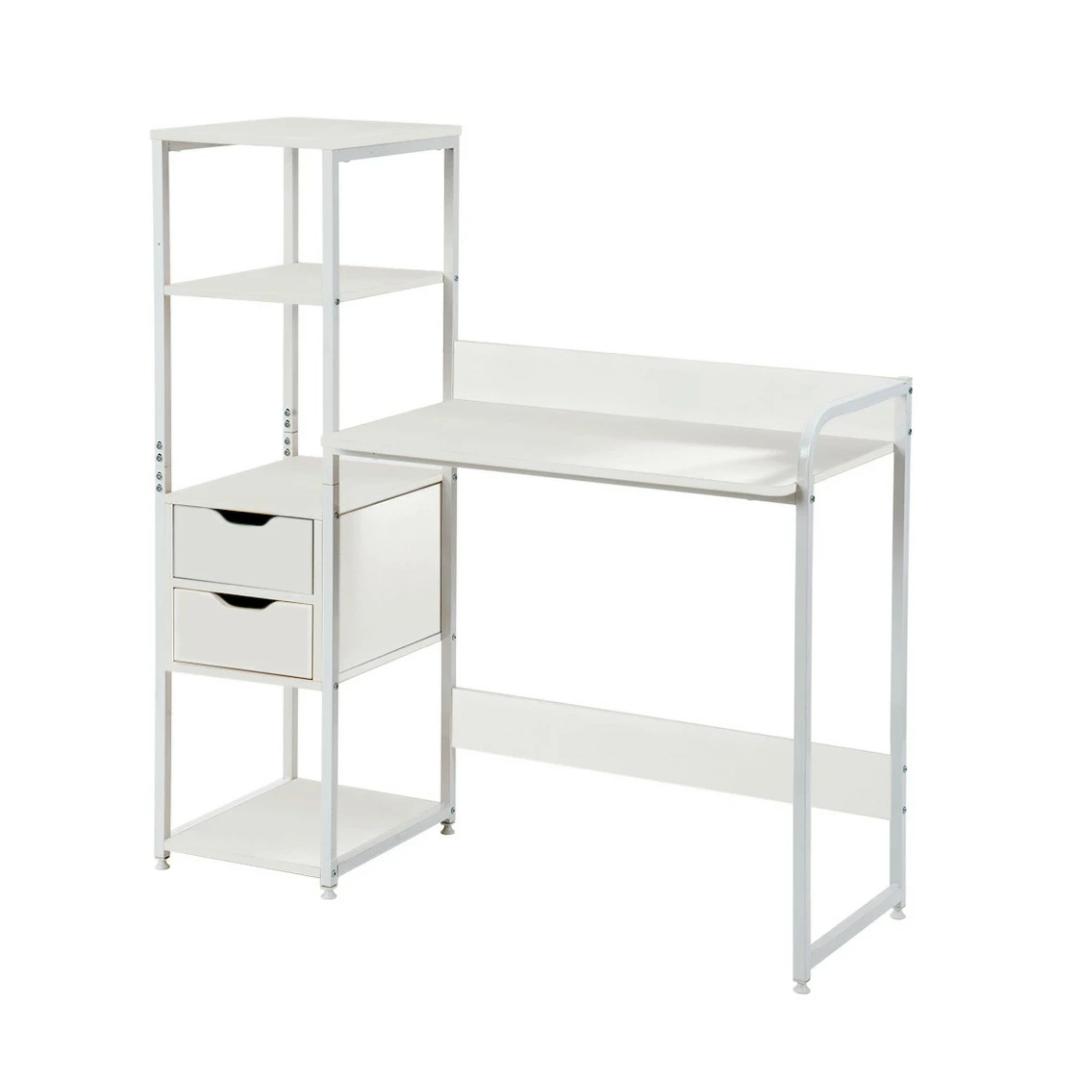 超人気！【ホワイト】木製 パソコンデスク 引き出し付き　3段シェルフ付