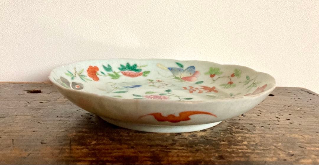 稀少　中国清代　骨董　色絵　輪花皿　中国古玩　アンティーク　唐物粉彩