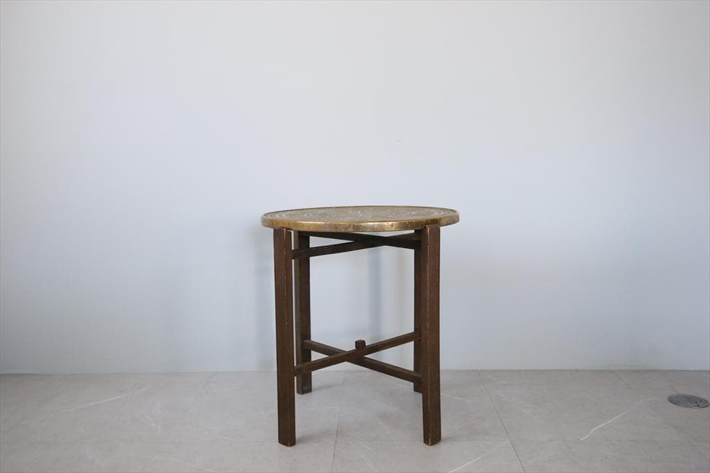 英国アンティーク真鍮製サイドテーブル/木製丸机/折畳式飾り棚/花台(88-157