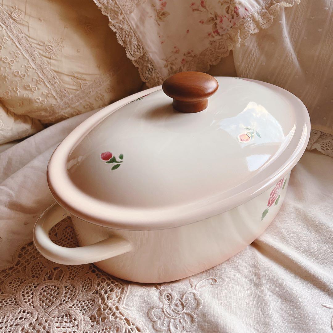 お値下げ♡マニーローズホーロー両手鍋イマンローズバスケット薔薇琺瑯ニトリイケア