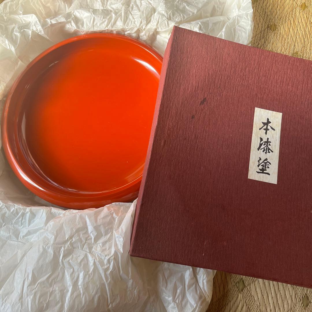 漆器 平皿 オレンジ色 箱付き