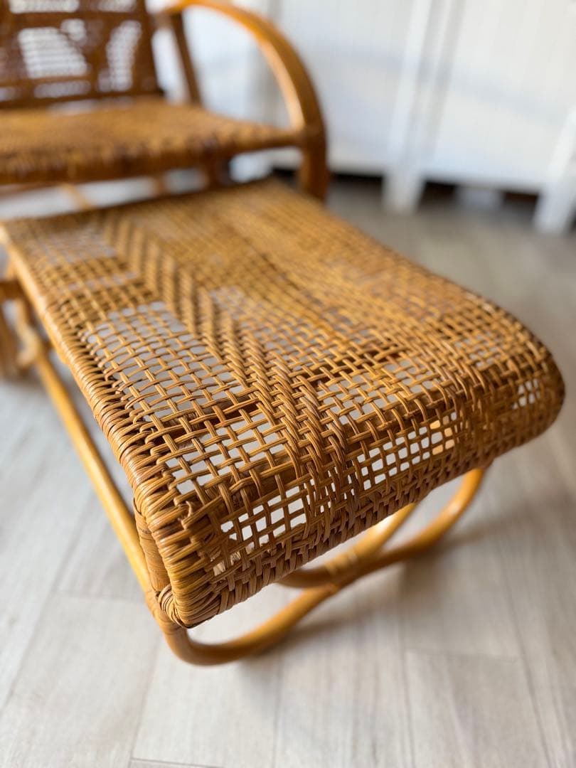 ラタンリクライニングチェア オットマン付き 籐家具 1人掛けソファー