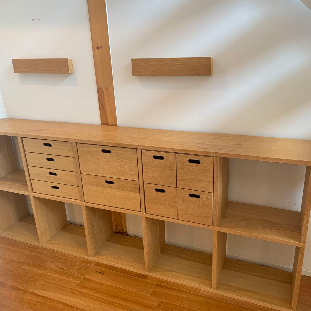 【くまこ•×•】無印スタッキングシェルフ　5段×2列オーク材＋チェスト3つ