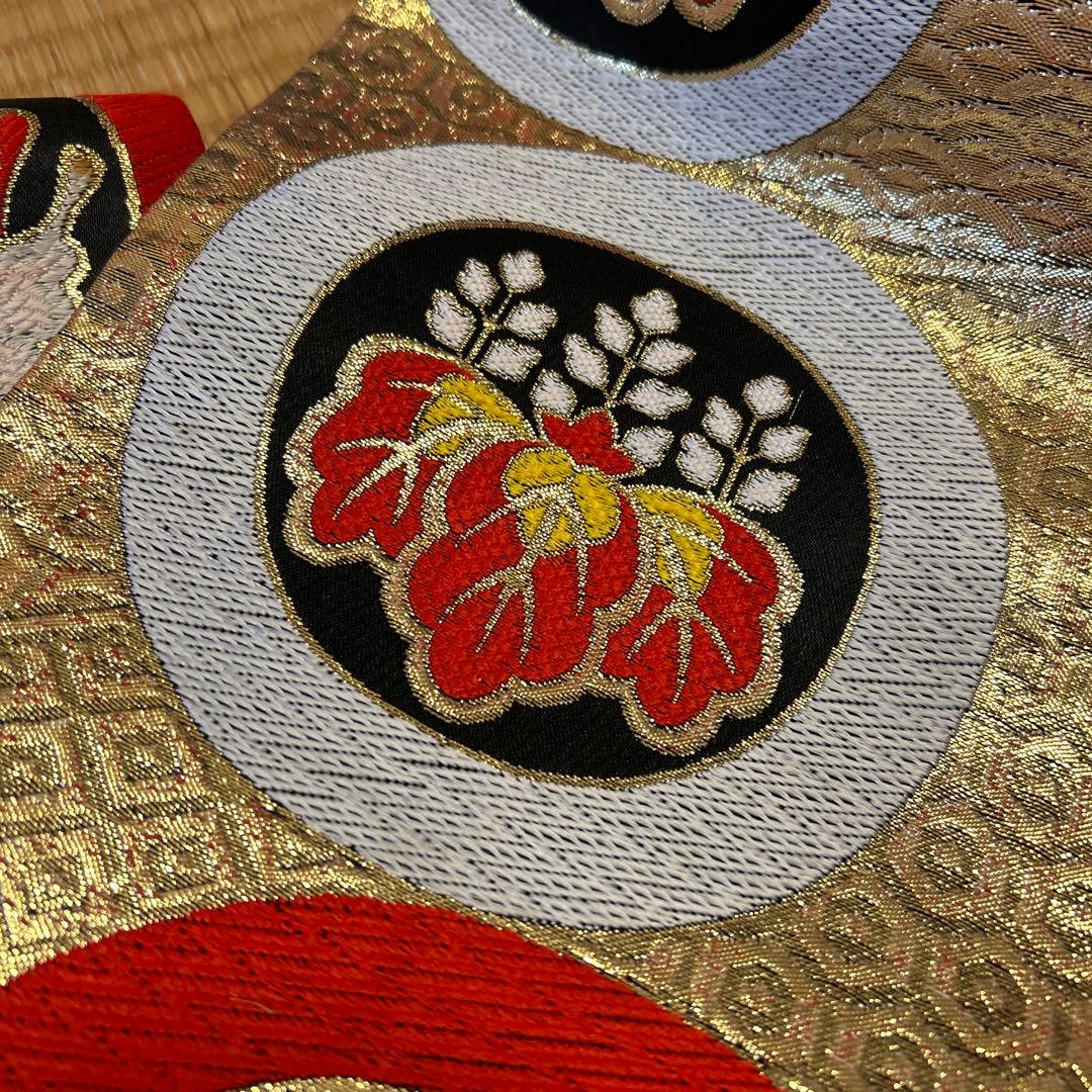 七五三　結び帯　帯　両面柄　赤　7歳　七歳　豪華両面柄入り　蝶　蝶柄　ゴールド系