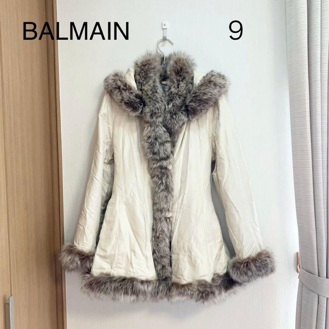 0164 BALMAIN 中綿ミドルコート Mサイズ シルク ブルーフォックス