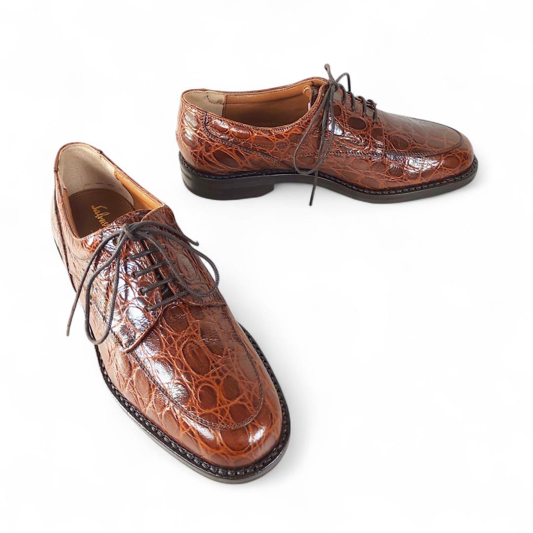 美品|フェラガモ|ゴルフシューズ|クロコダイル型押し|茶|5C|22cm