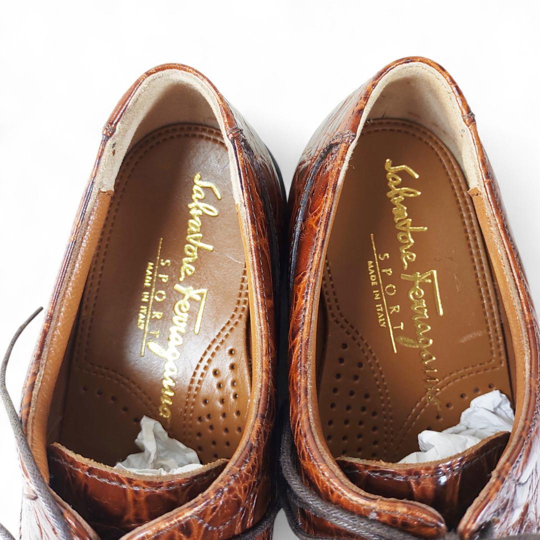 美品|フェラガモ|ゴルフシューズ|クロコダイル型押し|茶|5C|22cm