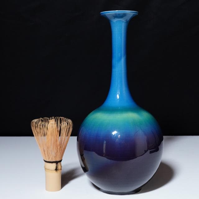 徳田正彦　碧明釉花生　共箱　人間国宝　徳田八十吉　九谷　花入　茶道具　鑑賞陶磁器