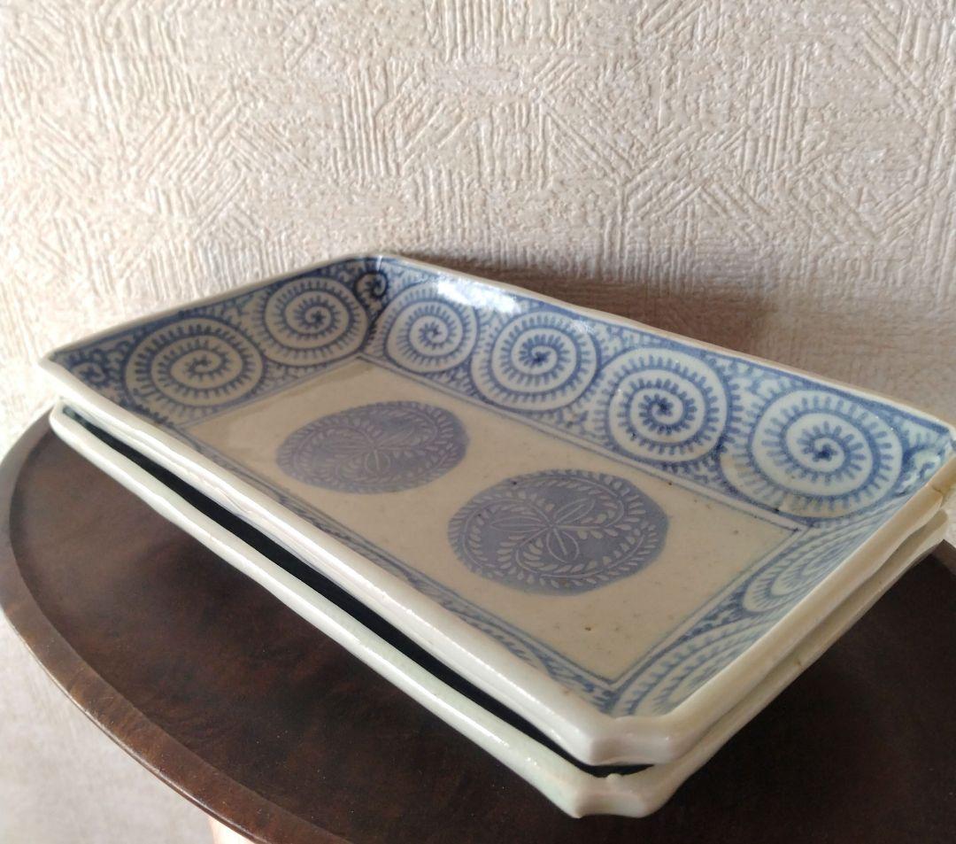 古伊万里切込焼蛸唐草長皿二客