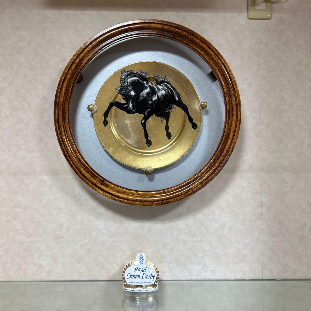 馬(エクウス)ブラック＆ゴールド30cmプレート額装(漆ナチュラルカラー壁掛け)