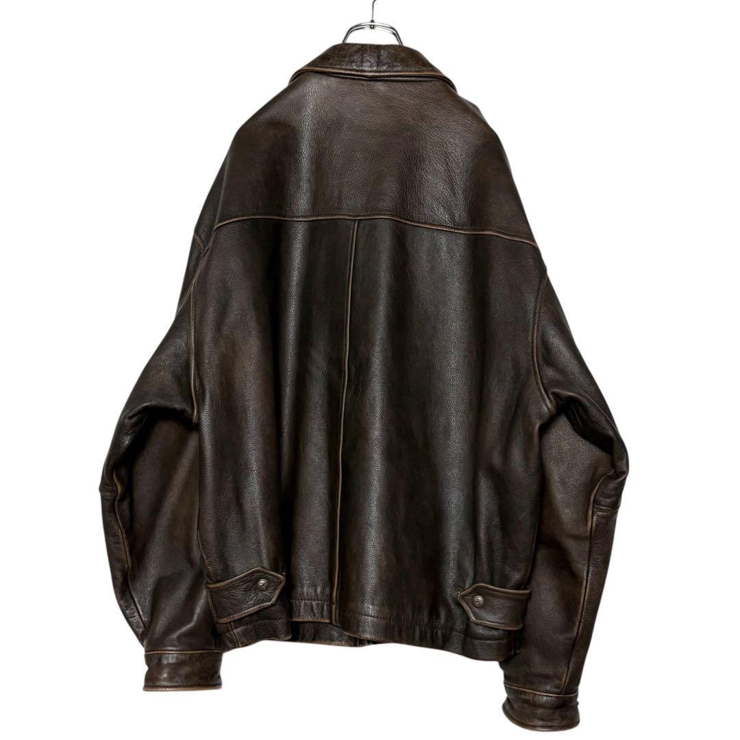 古着 本革レザージャケット 茶色 XL ジップアップ ブルゾン ブラウン革ジャン