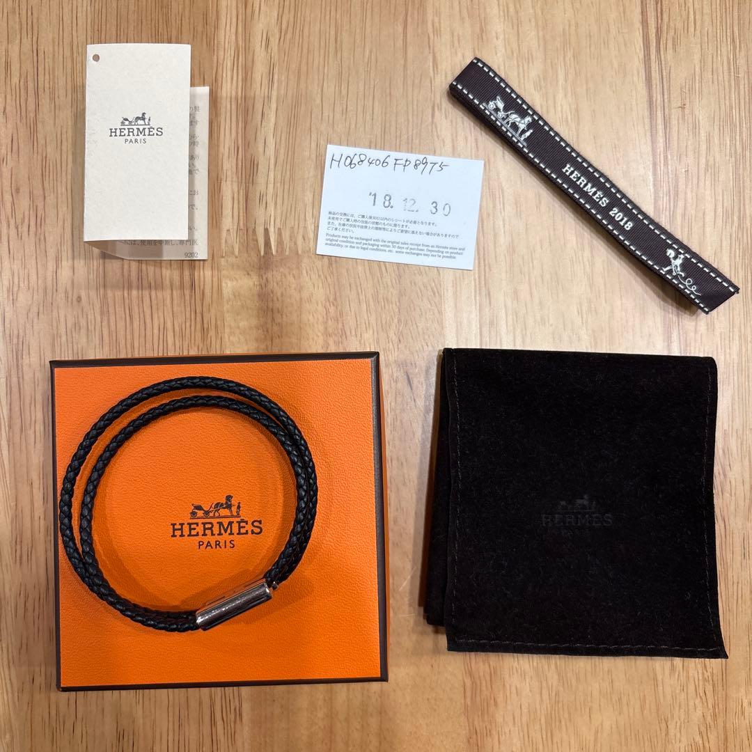 HERMES ブラックレザーダブルラップブレスレット【箱・布袋付き】