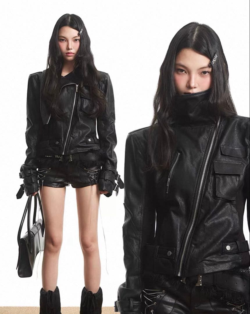 ジャケット・アウター Black Punk High Street Leather Jacket