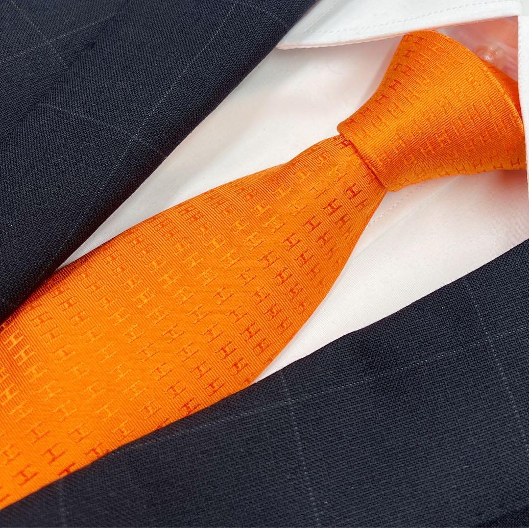 【美品】エルメス　ネクタイ　ファソネ　オレンジ　H柄　ハイブランド　高級シルク