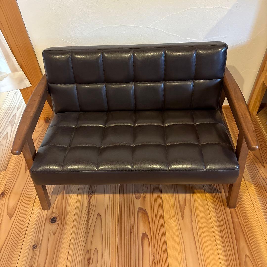 ダークブラウン レザー風 2人掛けソファ　カリモク風　子供用　キッズ