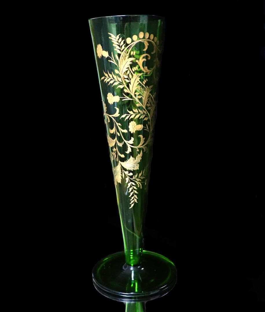 オールド・バカラ 1900年頃 緑硝子 31cm グラヴュール 金彩 大型 花瓶