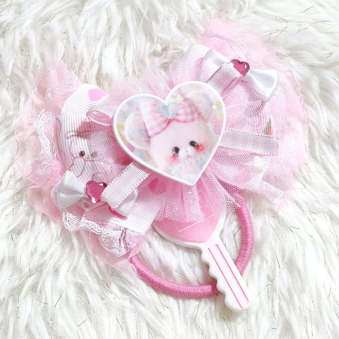 ハンドメイド★キッズリボンヘアゴム★ピンク★大きめ★レース＆ハート＆チャーム付き