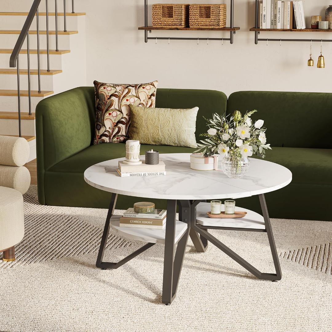 大理石風 おしゃれなリビング 丸 収納 センター ローテーブル