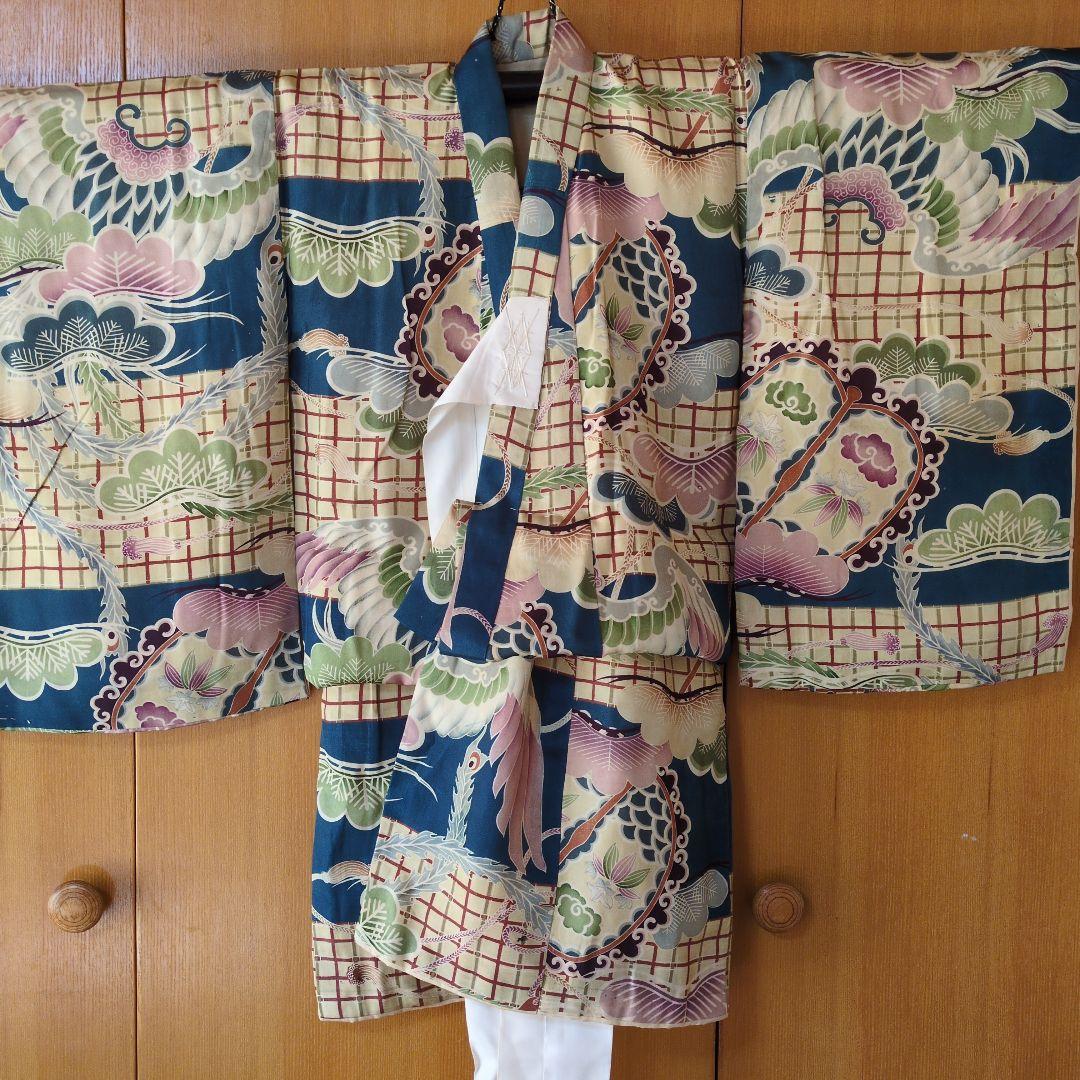 七五三３歳男の子アンティーク着物と正絹縮緬の被布（中綿無し）