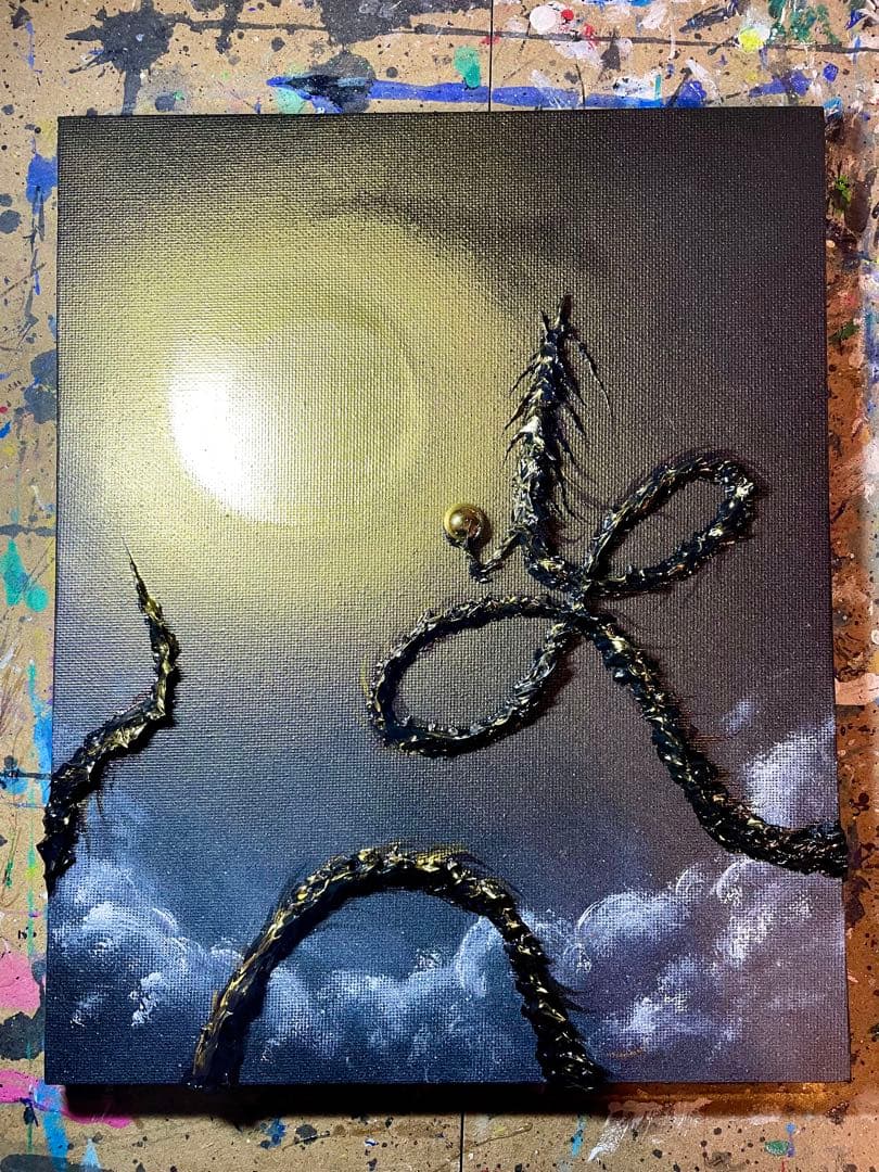 「月光で黄金に輝く黒龍」 テクスチャーアート 龍神 絵画 龍ノツカイ