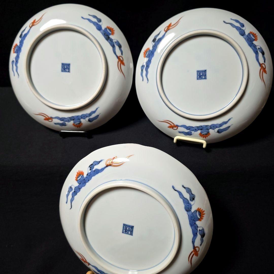 龍峰窯　染錦金彩四君子　古伊万里　19cm　中皿　3枚