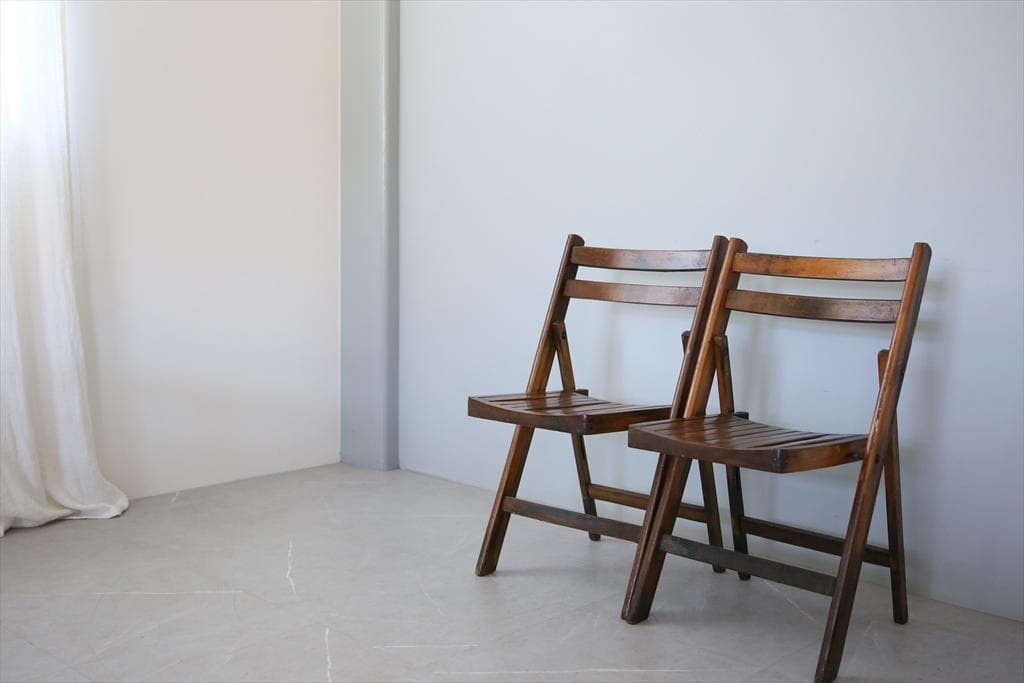 英国アンティーク木製古木フォールディングチェア2脚/折畳式椅子イス(89-3-1