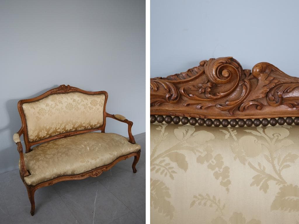 フランスアンティーク猫脚フレンチソファ/セティー/木製2人掛けイス(92-212