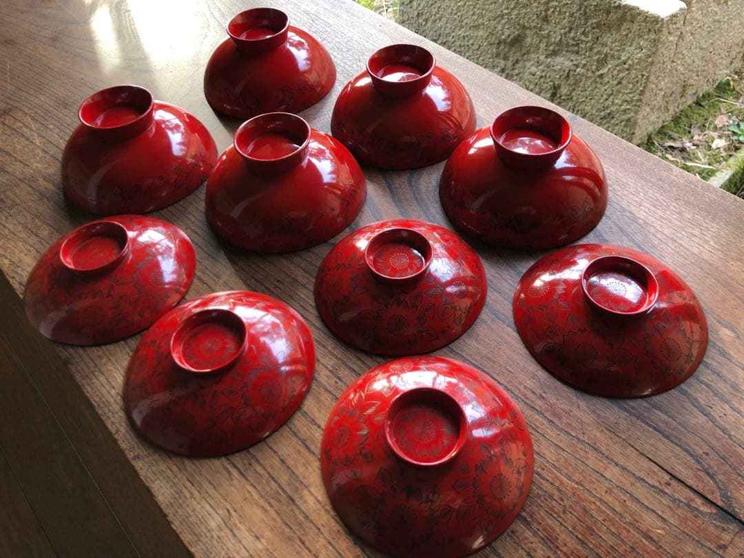 デッドストック！上質朱漆に極上沈黒桜文の映えるお椀2点（検輪島塗懐石椀雑煮椀