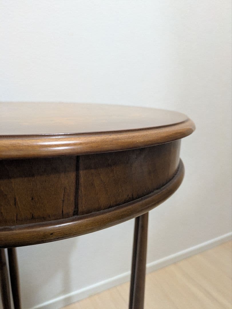 イタリア製 木製丸テーブル 花台 象嵌 サイド机アンティーク 飾り棚 模様付き