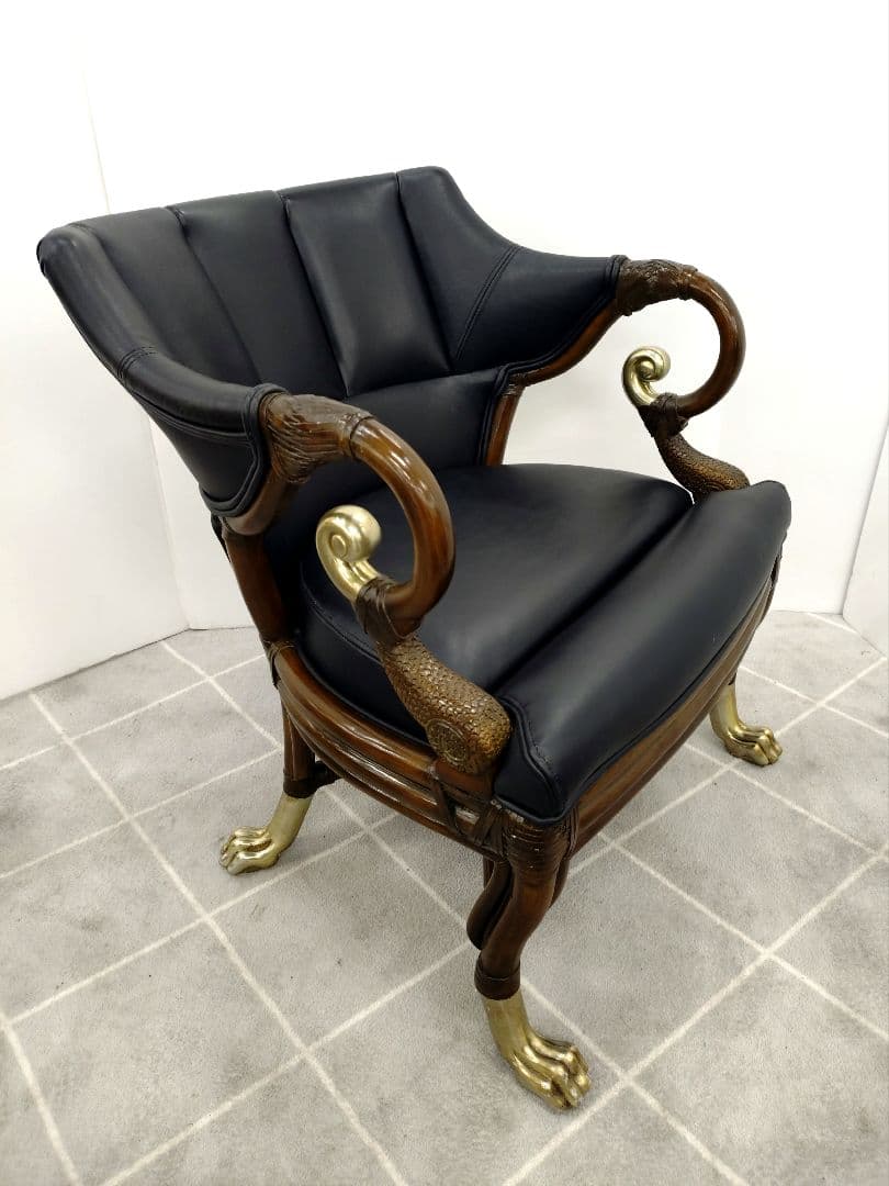 ヴィンテージ ブラックレザー 肘付きチェア アンティーク調チェア