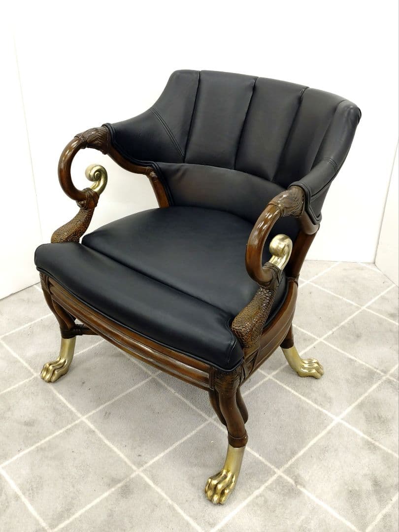 ヴィンテージ ブラックレザー 肘付きチェア アンティーク調チェア