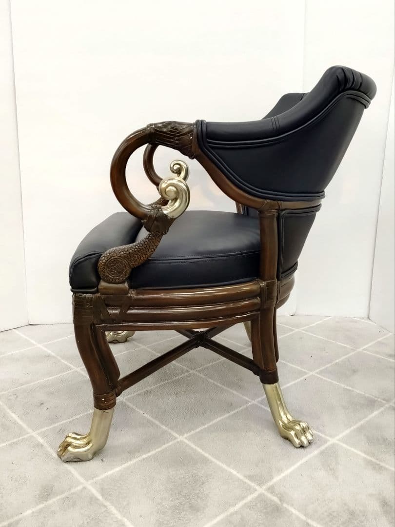 ヴィンテージ ブラックレザー 肘付きチェア アンティーク調チェア