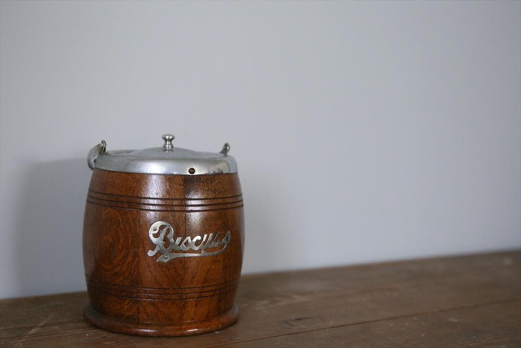 英国アンティーク木製ビスケットバレル/樽/収納ボックス小物入れ(83-76)