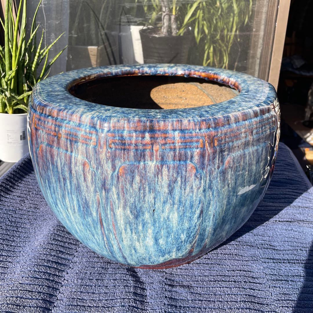 昭和レトロ 陶器製 海鼠釉 12角形 火鉢　メダカ鉢 38×28